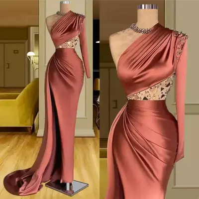 Sexy Arabic Dubai Evening Dresses Wear One Shoulder Crystal Beads Long Sleeve Plus Size Party Prom Gowns Sheath Side Split Cutaway Sides