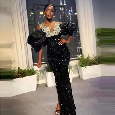 Sparkly Black Sequined Mermaid Prom Dresses Sheer Neck Beading Pearls Puffy Sleeves Aso Ebi Party Gowns Guest Wear