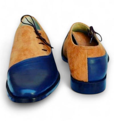 Crafted Leather Blue and Brown Suede Leather Classic Lace up Formal Oxford Dress Shoes