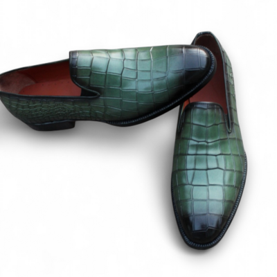 Crafted leather classic handmade men green crocodile/alligator loafers dress shoes
