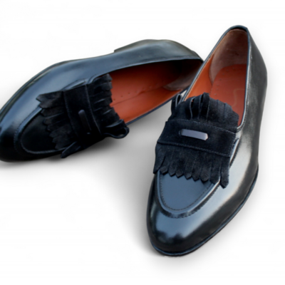 Crafted leather handmade black calf fringes loafers moccasin formal shoes