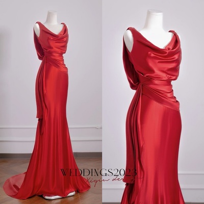 Sexy red satin sheath floor length off the shoulder backless prom dress