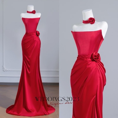 Elegant strapless red satin mermaid prom dress suitable for a variety of formal occasions
