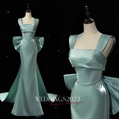 Light green sheath floor length with removable bow prom dresses