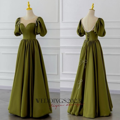 Green short sleeves floor length with beadeing bow lace up back evevning dresses 