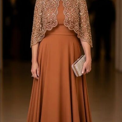 A line plus size tea-length with lace jacket mother of bride /groom dresses evening formal gown