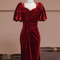 Burgundy Velvet Short Sleeves Mermaid Slit with Button Evening Dress - Thumbnail 1