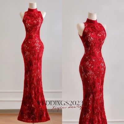 High neck lace sleeveless mermaid floor length zipper back prom dress