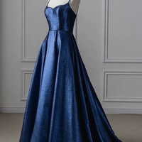 Navy Blue Spaghetti straps Sweetheart Neck Satin A-line Zipper Back Prom Dress - Thumbnail 1