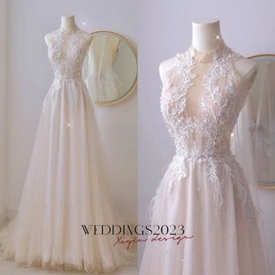 Boho Wedding Dress with Floral Lace Applique, High Neck Beading Beach Wedding Dress, Tulle Skirt Lace Wedding Dress