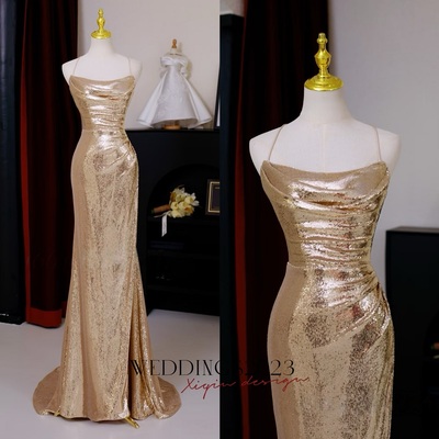 Chic champagne sequins long prom dress, sequins champagne formal dress,lace up prom dress