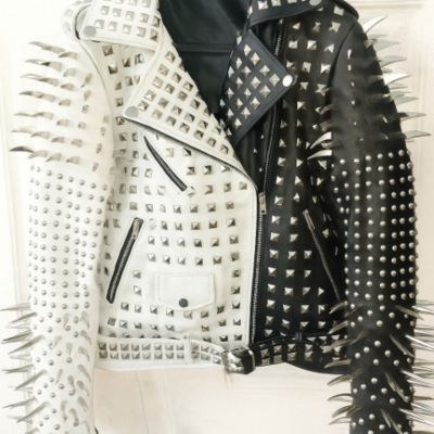 Crafted leather new handmade women's punk full long spiked studded brando white black adorable leather jacket