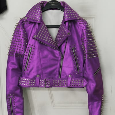 Crafted leather women purple brando punk silver spiked studded cowhide leather jacket 