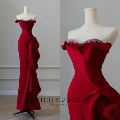 Lovely Sweetheart Neck Mermaid Satin Red Beading Floor Length Prom Dress 