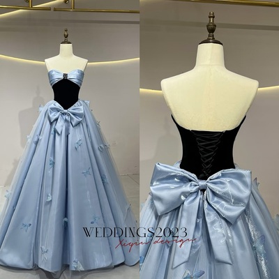Light blue strapless satin tulle satin long prom dress, beautiful a-line princess dress with bow 