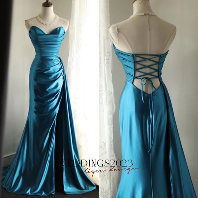 Blue satin simple prom party dresses unique long evening dress