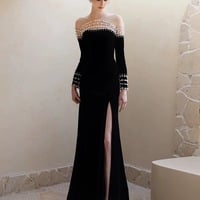 Elegant Velvet Evening Dress Women Luxury Pearls Long Sleeves Mermaid Pageant Dresses Black Split Illusion Back - Thumbnail 1