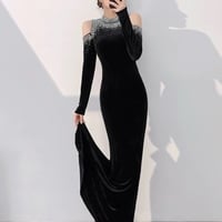Formal Velvet Rhinestone Mermaid Floor Length Prom Dress - Thumbnail 2