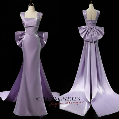 Purple Satin Mermaid Satin Long Party Dress with Bow, Purple Satin Evening Dress Prom Dress