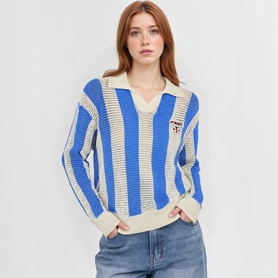 Vertical color block hollow lapel sweater loose versatile knitted cardigan