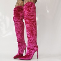 Velvet Knee High Boots - Pink - Thumbnail 4