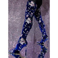 Super Women Over-the-Knee Boots Velvet Embroidered Heels Boots Blue Shoes Woman - Thumbnail 1