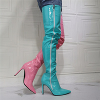 Two-Tone Left Pink Right Blue Stiletto Over The Knee Boot, Fashion Cute Chill Thin High Heel Above The Knee Style - Thumbnail 2