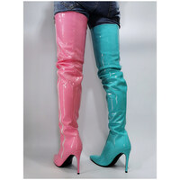 Two-Tone Left Pink Right Blue Stiletto Over The Knee Boot, Fashion Cute Chill Thin High Heel Above The Knee Style - Thumbnail 1