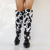 Stiletto High Heeled Ankle Boots, White Black Cow Print Thin Bootie, Sexy Fashion Designer Hot Special Dressy Lace Up - Thumbnail 5