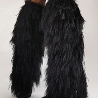 Black Furry Feather Patchwork Fashion Boots Pointed Thin Heel Trendy Stylish Fur Women Sexy Knee High Booties Spicy Girl Winter - Thumbnail 5