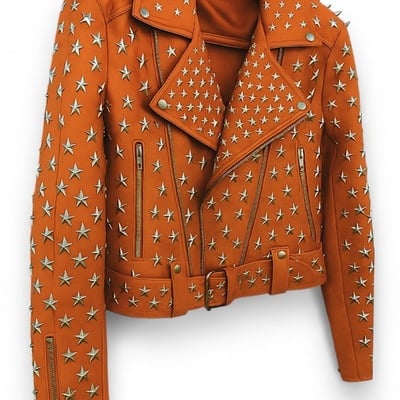 Crafted leather women studded orange leather jacket silver star punk brando style