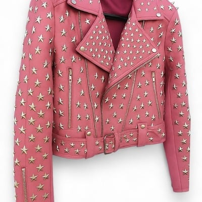Crafted leather women studded pink leather jacket silver star punk brando style