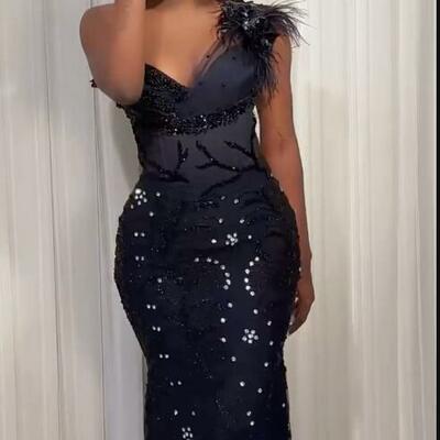 Black beading mermaid african girls prom dresses evening formal gown beading crystals birthday party dress - Thumbnail 1
