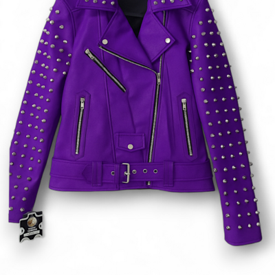 Crafted leather women purple studded leather rock steam punk style biker jacket, women silver studs spiked jacket