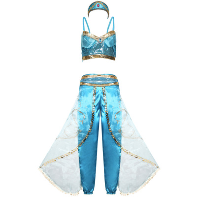 Aladdin jasmine princess costume – blue cosplay dress with headwear, top & pants | halloween role play outfit for women