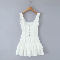 Tight waist lace design short skirt ruffle sleeveless mini dress - Thumbnail 2