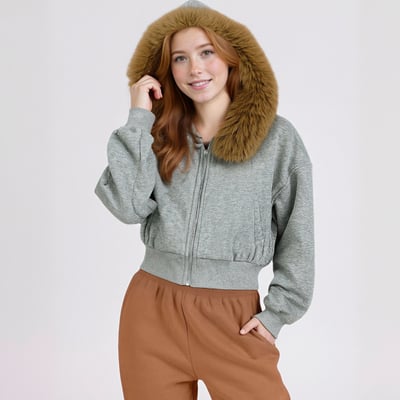 Autumn/winter warm hooded long-sleeved fleece-lined jacket/sweatshirt with detachable fur collar