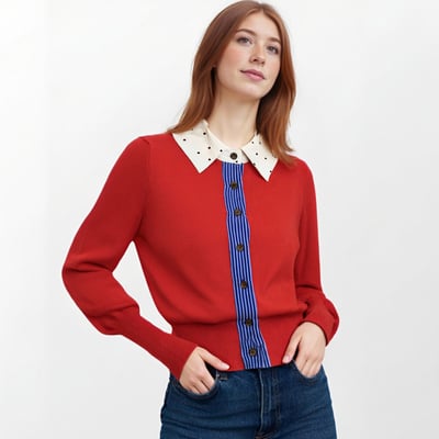 Retro cardigan top fake two-piece stitching embroidered sweater