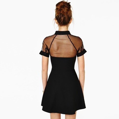 Turn-down Collar Grenadine Chiffon Patchwork Short Sleeve Hollow Out Black Mini Casual 