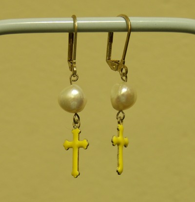 Pearl and Yellow Cross Earrings