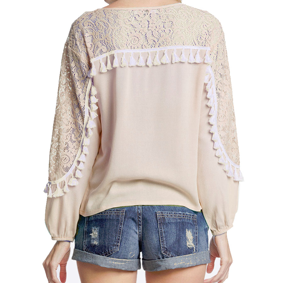 Fringe Tassel Crochet Lace Light Taupe Long Sleeve Blouse, Romantic