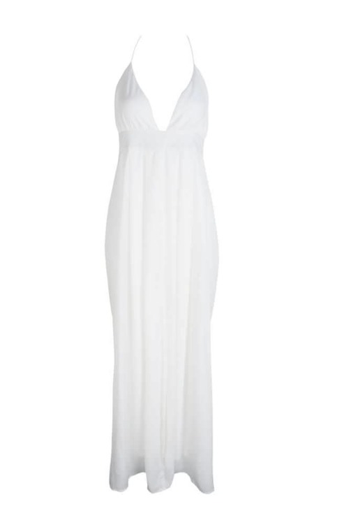 White Maxi Front Split Draped Back Skirt Gown Dress