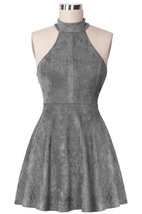 Grey Faux Suede Lace Up Short Dress