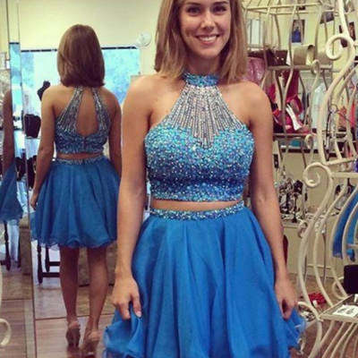 Halter beading two pieces homecoming dress,short prom dresses,cocktail dress,homecoming dress,graduation dress,party dress,short homecoming dress f153