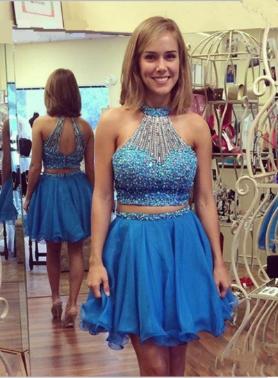 Halter Beading Two Pieces Homecoming Dress,Short Prom Dresses,Cocktail Dress,Homecoming Dress,Graduation Dress,Party Dress,Short Homecoming Dress F153