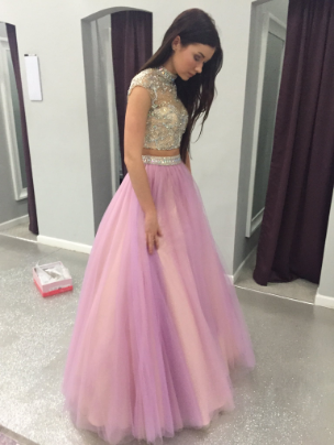 Two Pieces Beading Tulle Long Prom Dress,Evening Dress,Prom Dresses,BG196