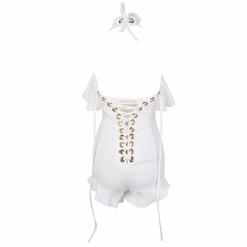 White Ruffles Romper With Metal Ring Criss Cross Straps Open In Back