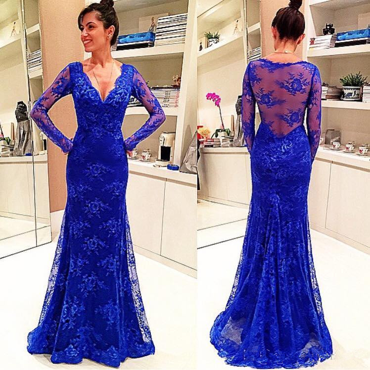 long blue lace dress